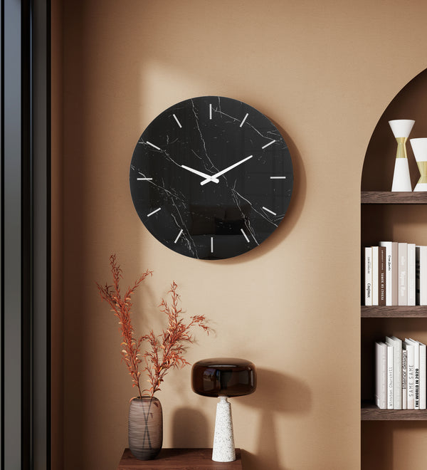 Black Decorative Wall Clock Glass Marble Patter,  Decorative Wall Clock