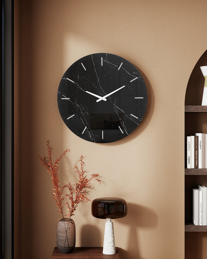 Black Decorative Wall Clock Glass Marble Patter,  Decorative Wall Clock