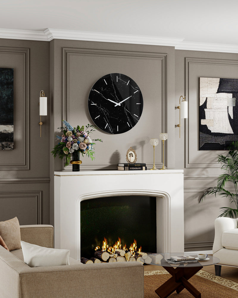 Black Decorative Wall Clock Glass Marble Patter,  Decorative Wall Clock