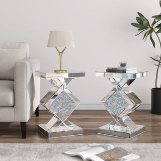 SHYFOY Mirrored Crushed Diamond Side Table Glass Mirror End Tables