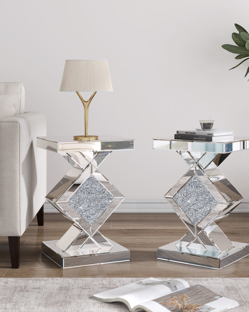 SHYFOY Mirrored Crushed Diamond Side Table Glass Mirror End Tables