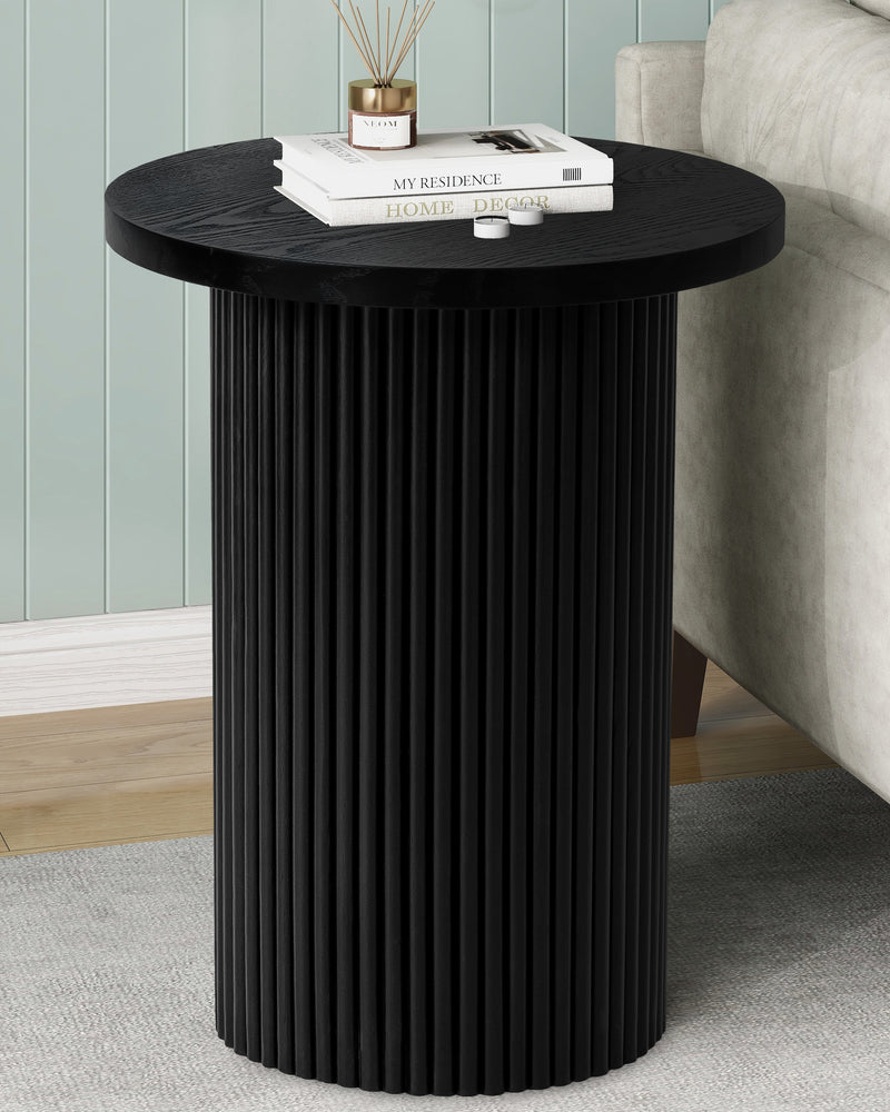 Black Round Wood End Table Fluted Pedestal Side Table