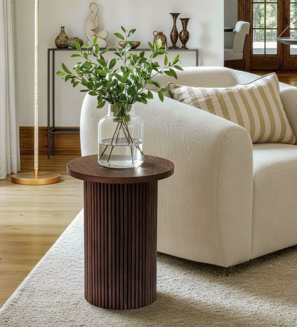 Walnut Round Wood End Table Fluted Pedestal Side Table
