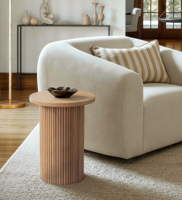 Natural Wood Round Wood End Table Fluted Pedestal Side Table