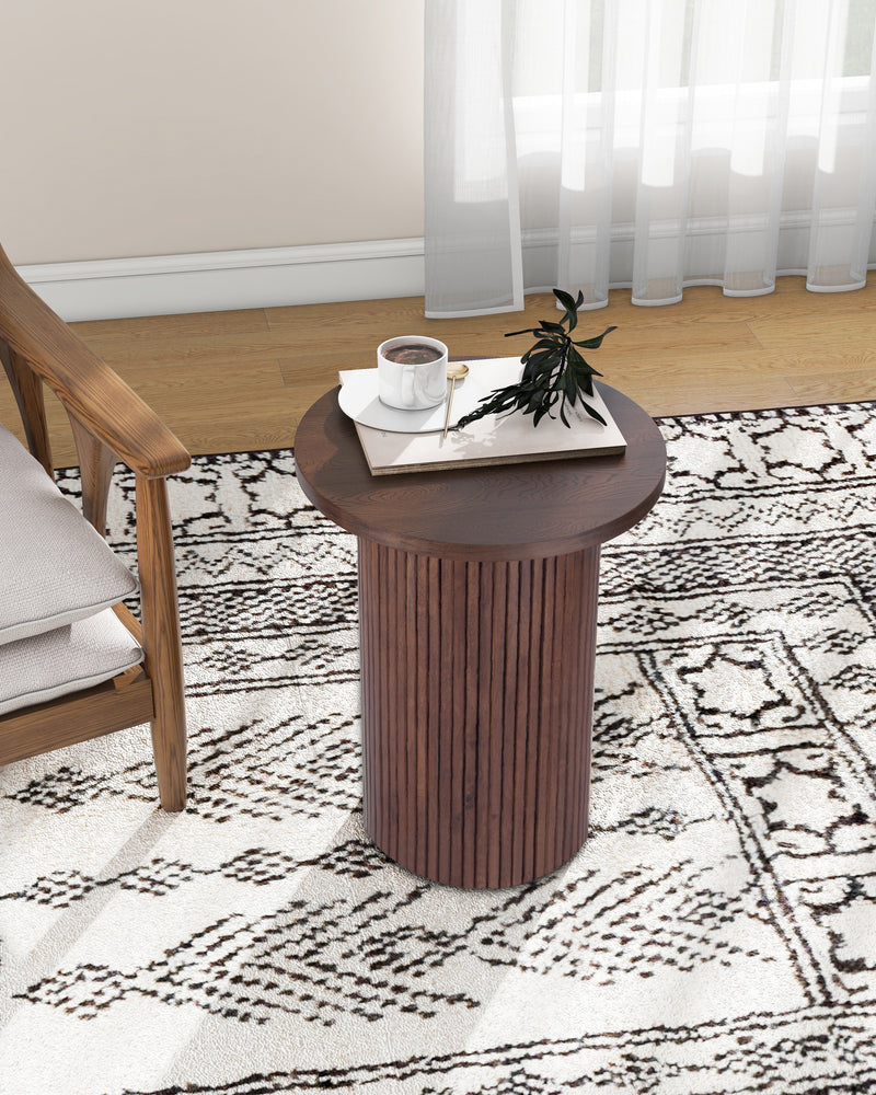 Walnut Round Wood End Table Fluted Pedestal Side Table