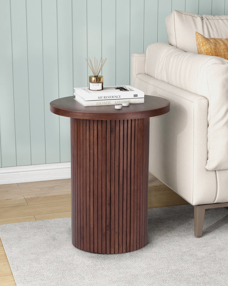 Walnut Round Wood End Table Fluted Pedestal Side Table