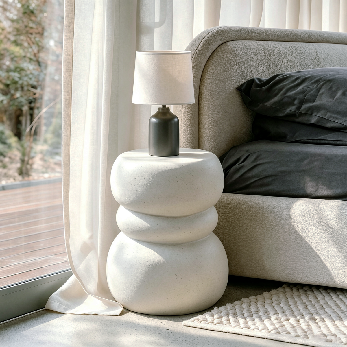 Mesa Auxiliar Moderna para Exteriores, Mesa Decorativa Escultórica para Patio, Aspecto de Hormigón Blanco