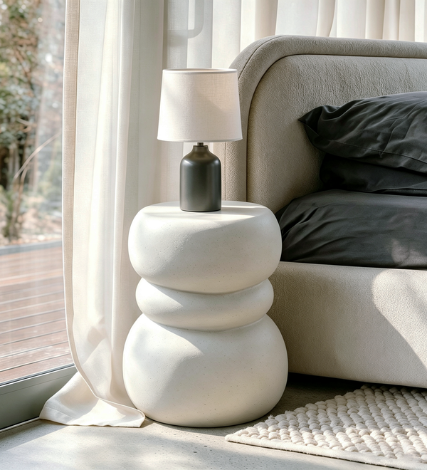 Modern Outdoor Side Table, Sculptural Patio Accent Table, White Concrete Look