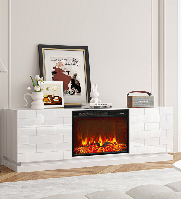 Electric Fireplace 63" TV Stand - Modern Highgloss Media Console - White