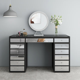 Luxury Vanity Table with Mirror Finish – 13 Drawer Makeup Organizer Desk, Black Frame with Reflective Glass Fronts