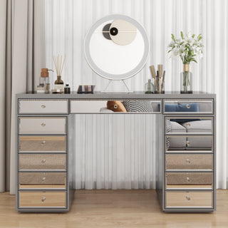 Crystal Knob Mirrored Vanity Table – 13 Drawer Black Makeup Desk with Decorative Glass Panels for Bedroom Beauty Setup