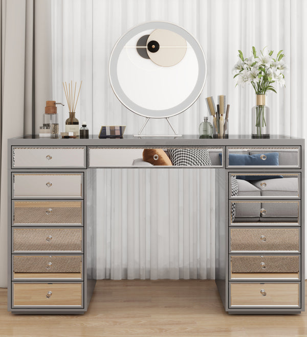 Crystal Knob Mirrored Vanity Table – 13 Drawer Black Makeup Desk with Decorative Glass Panels for Bedroom Beauty Setup
