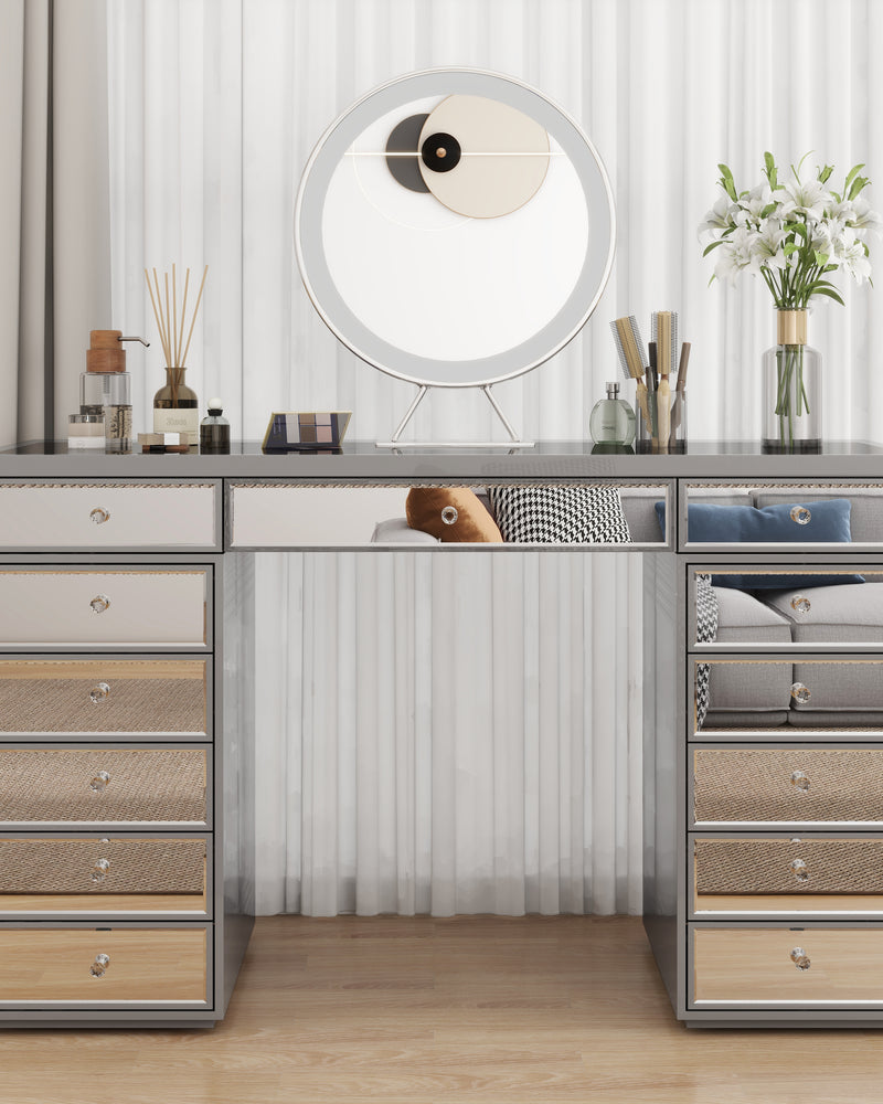 Crystal Knob Mirrored Vanity Table – 13 Drawer Black Makeup Desk with Decorative Glass Panels for Bedroom Beauty Setup