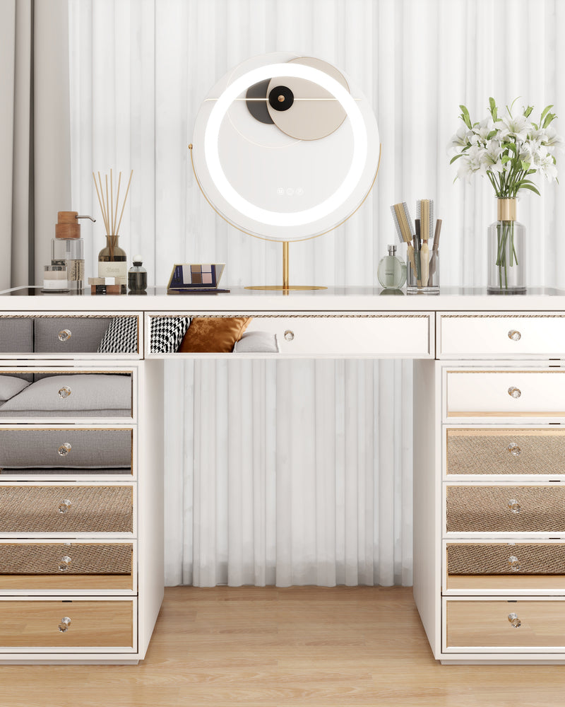 Hollywood Modern Vanity Mirrored Dressing Makeup Table with 13-Drawer