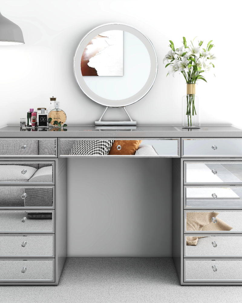 Crystal Knob Mirrored Vanity Table – 13 Drawer Black Makeup Desk with Decorative Glass Panels for Bedroom Beauty Setup