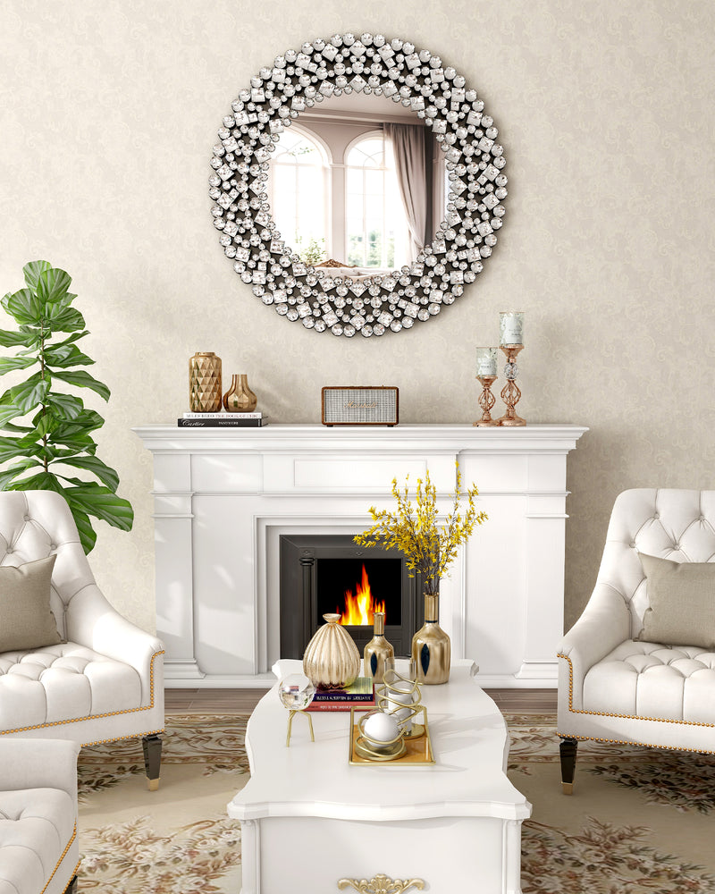 Round Gemstone Wall Mirror Modern Silver Glass Decorative Mirror