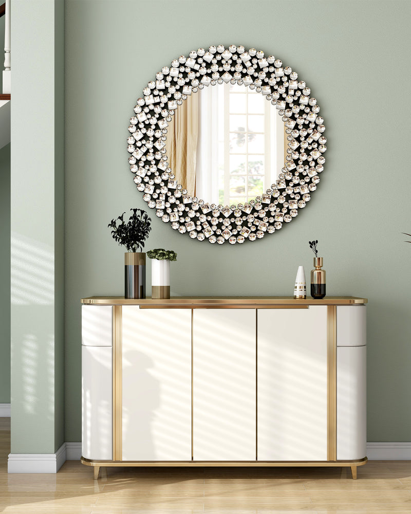 Round Gemstone Wall Mirror Modern Silver Glass Decorative Mirror