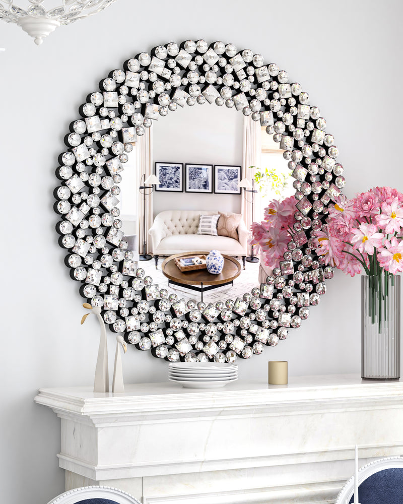 Round Gemstone Wall Mirror Modern Silver Glass Decorative Mirror