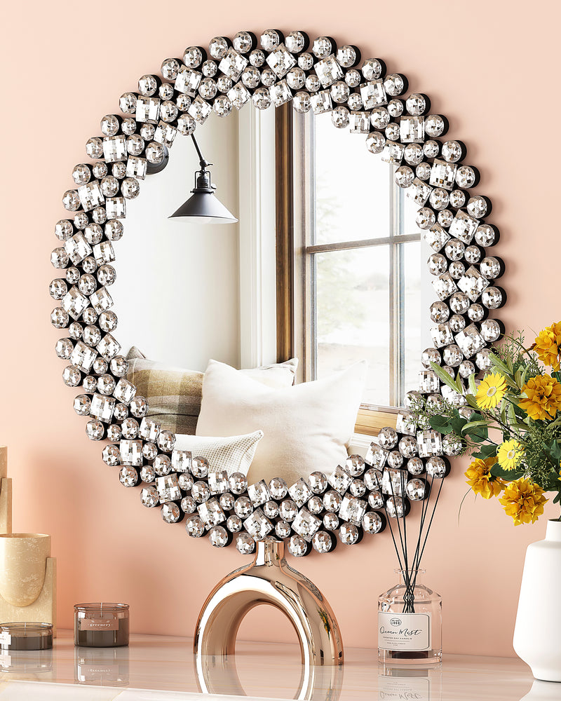 Round Gemstone Wall Mirror Modern Silver Glass Decorative Mirror