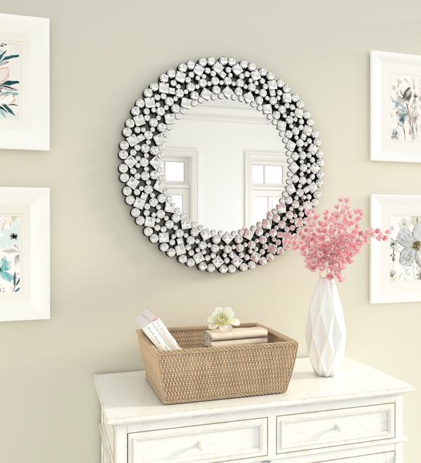 Round Gemstone Wall Mirror Modern Silver Glass Decorative Mirror