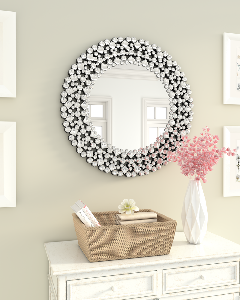 Round Gemstone Wall Mirror Modern Silver Glass Decorative Mirror