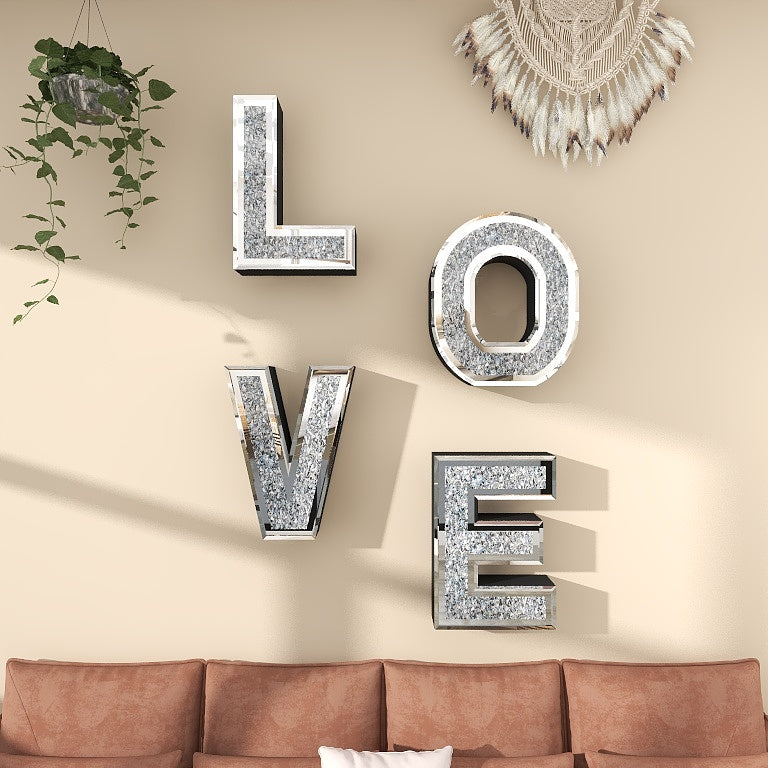Glam Mirrored LOVE Wall Decor – Sparkly Crystal Letter Art for Living Room