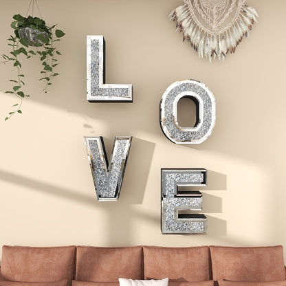 Glam Mirrored LOVE Wall Decor – Sparkly Crystal Letter Art for Living Room