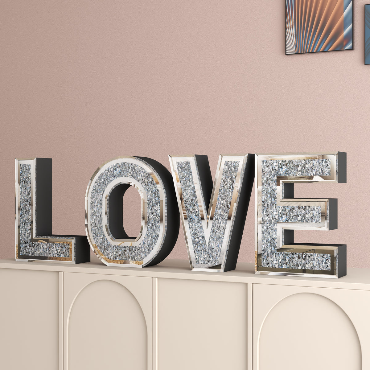 Glam Mirrored LOVE Wall Decor – Sparkly Crystal Letter Art for Living Room