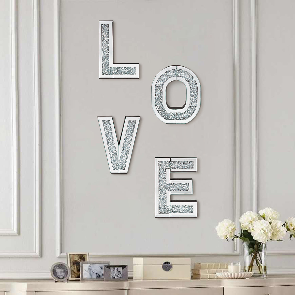 Glam Mirrored LOVE Wall Decor – Sparkly Crystal Letter Art for Living Room