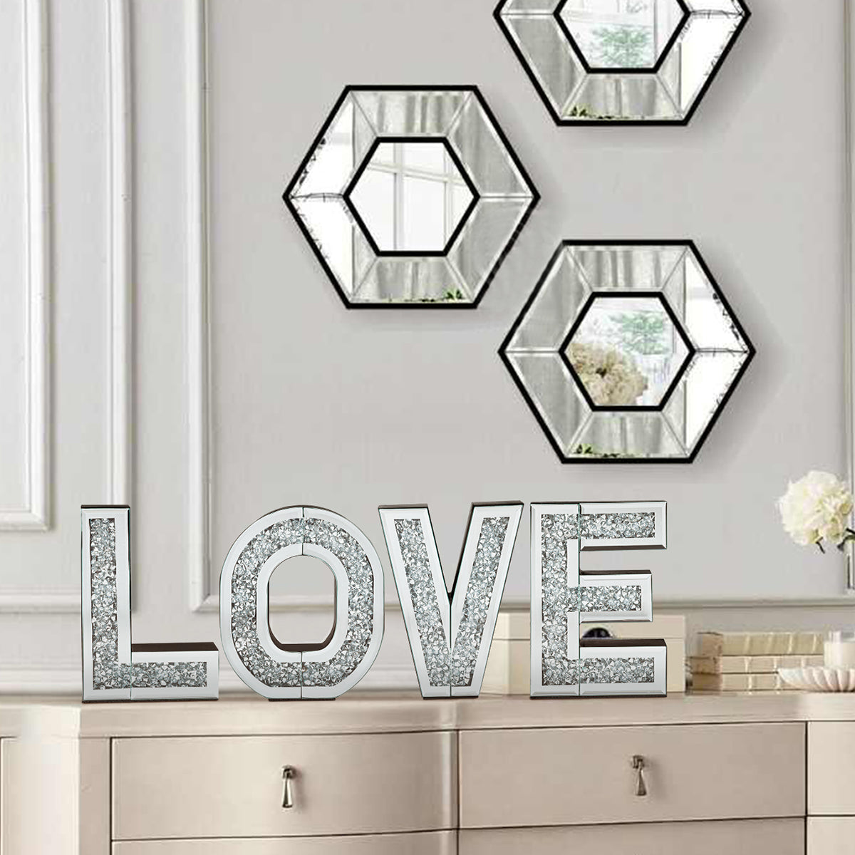 Glam Mirrored LOVE Wall Decor – Sparkly Crystal Letter Art for Living Room