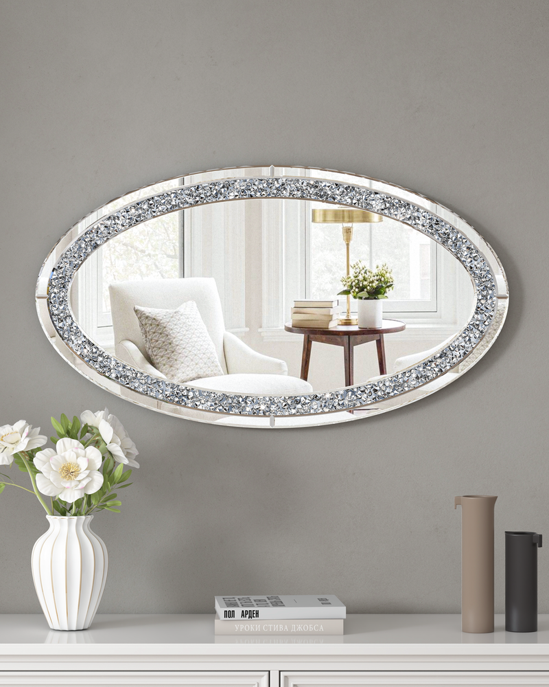 Oval Wall Mirror , Frameless Crystal Accent Mirror with Crushed Diamond Border