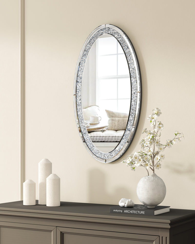 Oval Wall Mirror , Frameless Crystal Accent Mirror with Crushed Diamond Border
