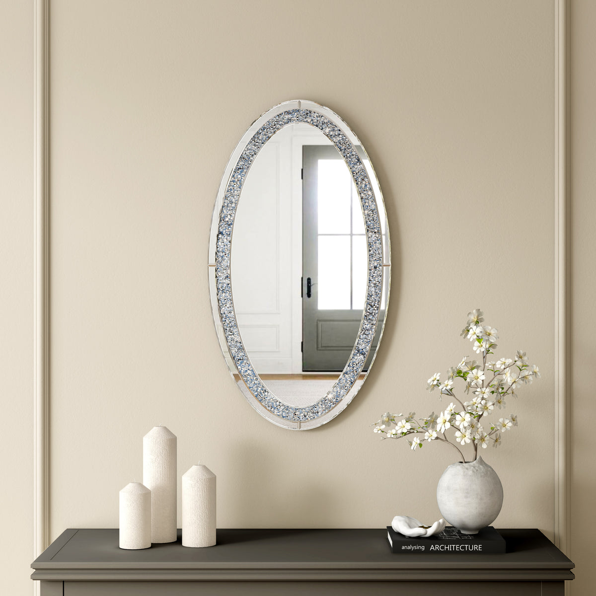 Oval Wall Mirror , Frameless Crystal Accent Mirror with Crushed Diamond Border