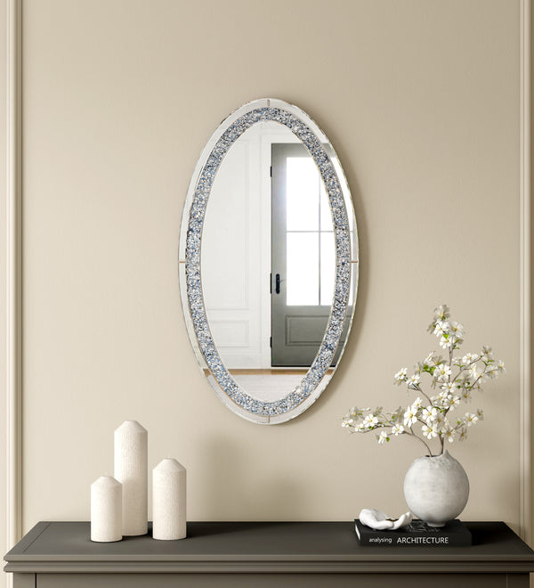 Oval Wall Mirror , Frameless Crystal Accent Mirror with Crushed Diamond Border
