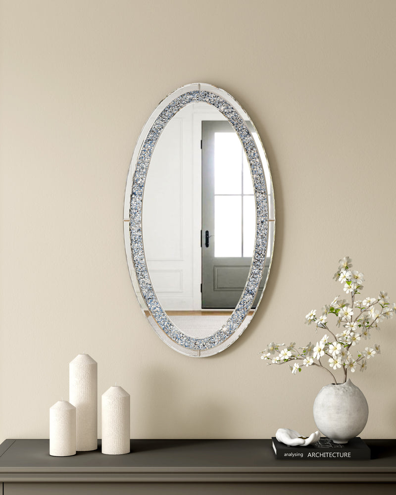 Oval Wall Mirror , Frameless Crystal Accent Mirror with Crushed Diamond Border