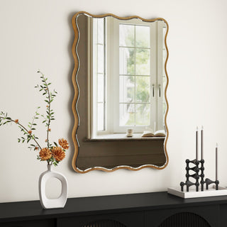 Antique Rectangle Wave Accent Wall Mirror Modern Gold Metal Mirror