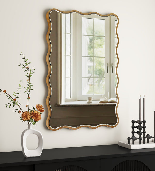 Antique Rectangle Wave Accent Wall Mirror Modern Gold Metal Mirror