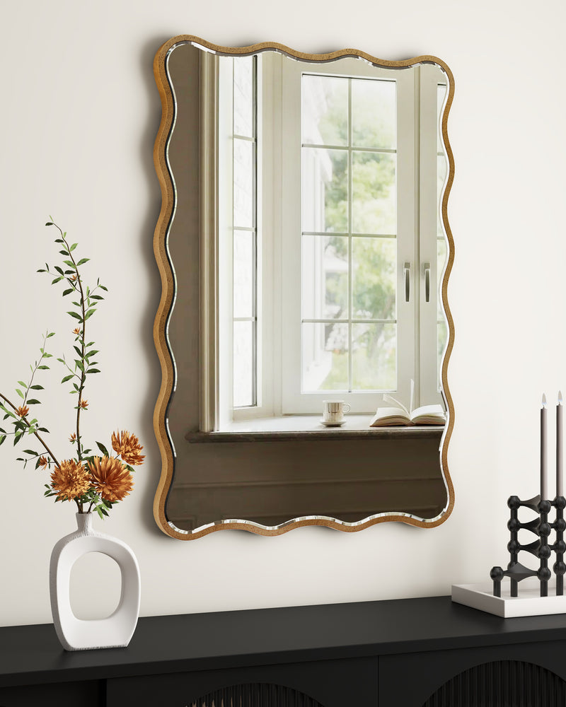 Antique Rectangle Wave Accent Wall Mirror Modern Gold Metal Mirror