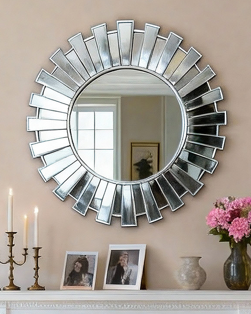 Silver Sunburst Decorative Round Wall Mirror