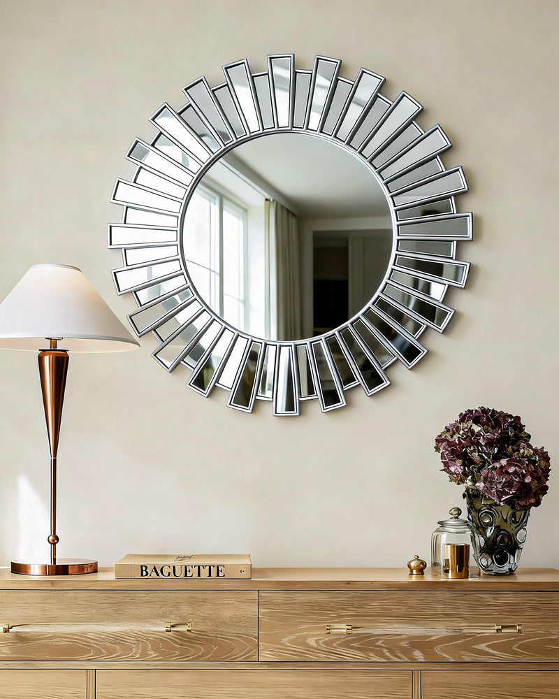 Silver Sunburst Decorative Round Wall Mirror