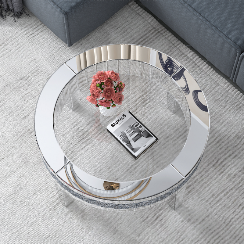 Round Glass Top Silver Accent Table Decor With Crushed Diamond Coffee Table