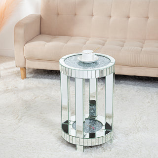 SHYFOY Mirrored End Table with Crystal Inlay, Round Modern Side Table Silver Accent Table
