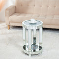 Mirrored End Table with Crystal Inlay, Round Modern Side Table Silver Accent Table