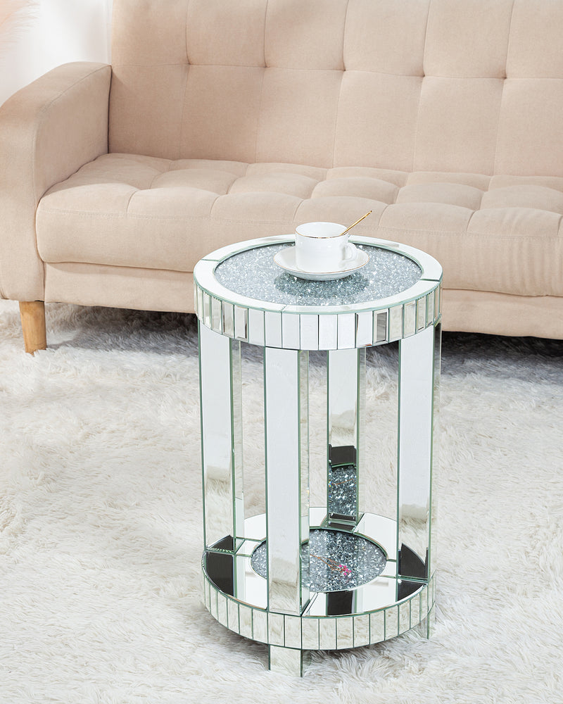 Mirrored End Table with Crystal Inlay, Round Modern Side Table Silver Accent Table