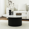 Black Modern Round Coffee Table with Solid Wood Fluted Design