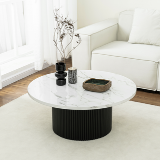 Black Modern Round Coffee Table with Solid Wood Fluted Design