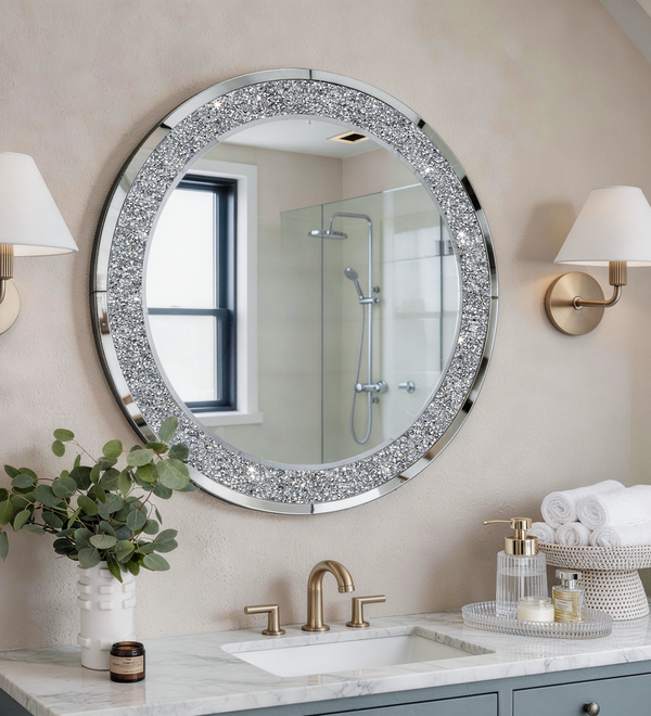 SHYFOY Round Large Mirror Crushed Diamond Wall Mirrorfor Living Room Silver
