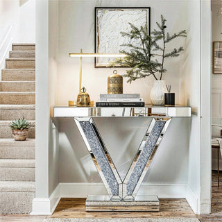 Modern Console Table with V-Shaped Base Sparkling Diamond Accents