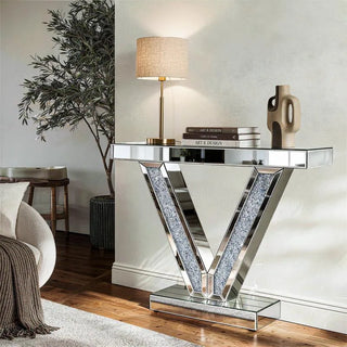 Modern Console Table with V-Shaped Base Sparkling Diamond Accents
