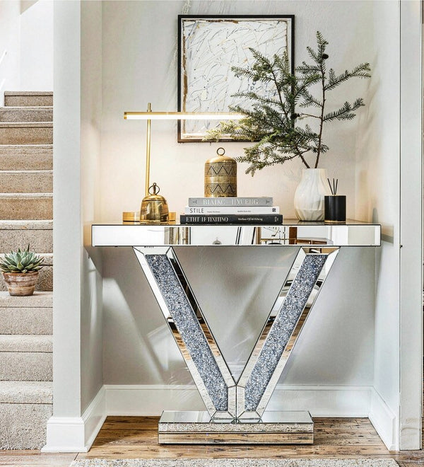 Modern Console Table with V-Shaped Base Sparkling Diamond Accents